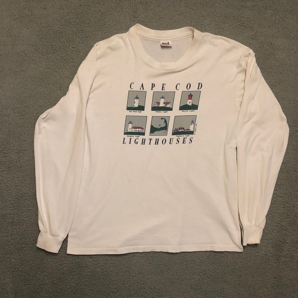 Single Stitch Vtg 90s Cape Cod Lighthouses Long Sleeve Shirt White Anvil Large